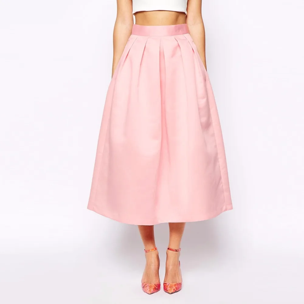 Изящные розовые атласные юбки- с карманами трапециевидной формы, шикарные, невидимые, на молнии, на талии, плиссированные, длиной до середины икры юбки для женщин
