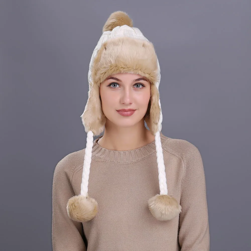 FEITONG/теплая женская зимняя шапка с ушками, зимняя Лыжная Толстая Вязаная Шерстяная Круглая Шапочка, шапка ручной работы, мягкая шапка, вязанная крючком Lei Feng