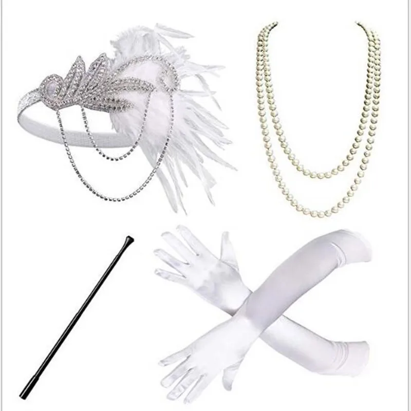 1920 Для женщин в винтажном стиле Гэтсби головные уборы с перьями Хлопушки костюм аксессуар мундштук жемчужное ожерелье Перчатки набор для всей поверхности