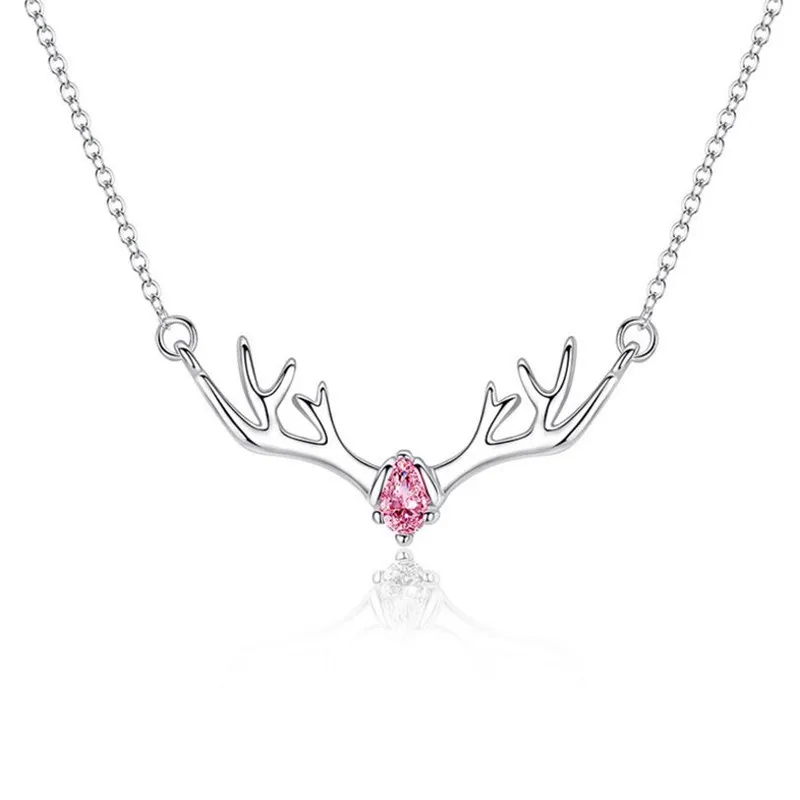 

Fashion Lady 925 Sterling Silver Necklace For Women Jewelry Blue Charm Crystal Pink Deer Pendant Necklace Accessories Female