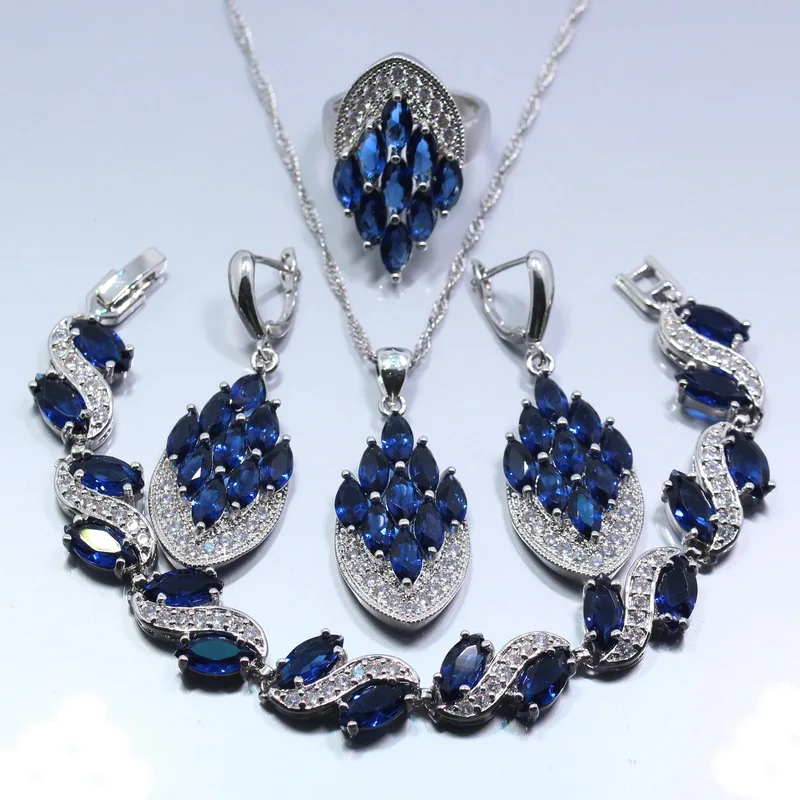 

Occident Blue Zircon White Zircon Four Piece Women Jewelry Set 925 Sterling Silver Ring Size 6/7/8/9/10 Free Gift Z134