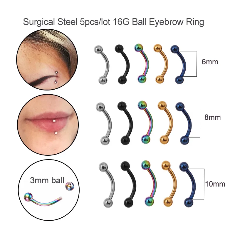 5pcs/lot 6/8/10mm 16G Surgical Steel 3mm Ball Eyebrow Piercing Curved Barbell Lip Ring Snug Daith Helix Rook Earring | Украшения и