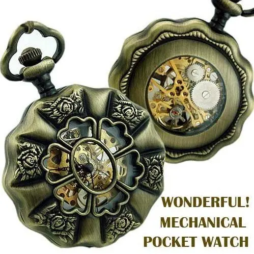 

(8029) 6pcs/lot Steampunk Bronze Skeleton Rose Mechanical Pocket Watch Necklace, Dia 4.5cm
