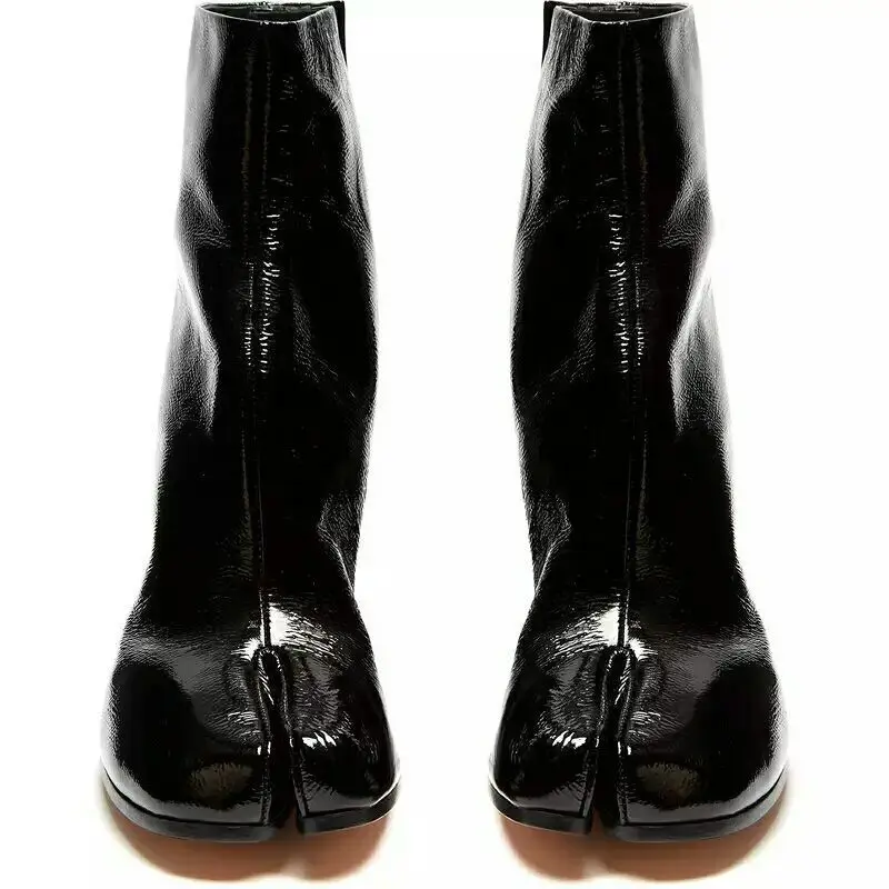 

New Womens Cow Patent Leather Black Chunky Heel Split Toe Knight Combat Boots A27