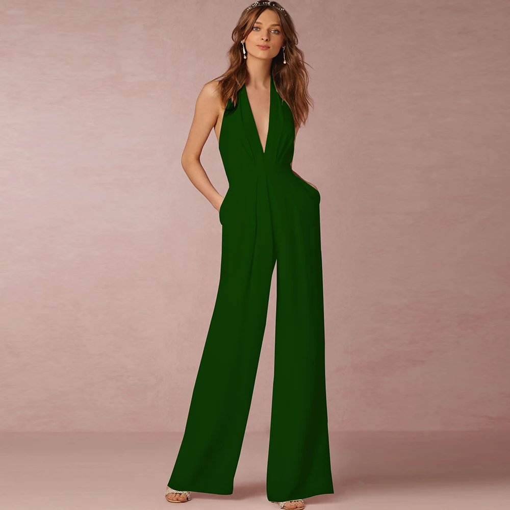 Elegant Long V-neck Sleeveless Bodycon Wide Leg Backless Jumpsuits Romper