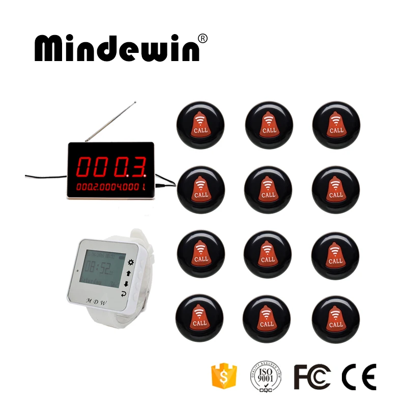 

Mindewin 2017 Queue System 12pcs Waiter Waterproof Call Bell + 1pc LED Display + 1pc Wrist Watch Wireless Table Calling Service