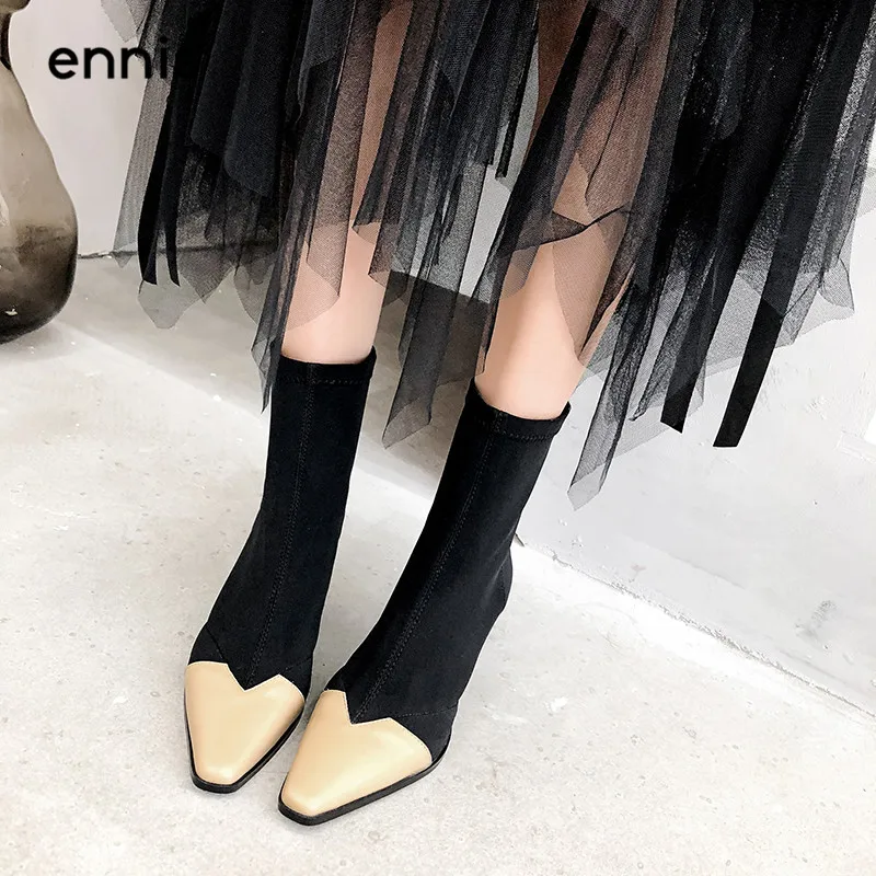 

ENNIS 2019 Womens Stretch Boots Slim Fit Gladiator Boots Pointed Toe High Heel Pumps New Fashion Autumn Female Shoes Zipper A801
