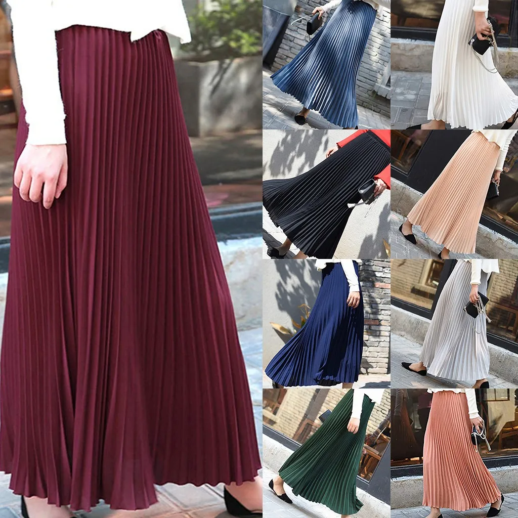 2020 New Arrival Ladies Skirts Knee Length Cotton Womens Solid Pleated Elegant Midi Elastic Waist Maxi Skirt faldas de mujer | Женская