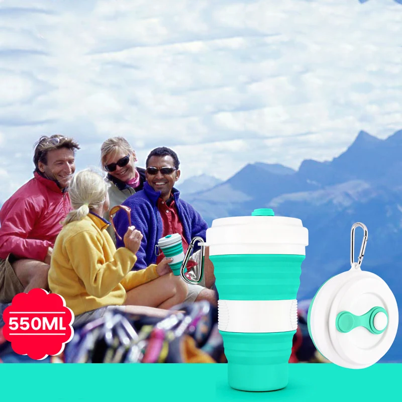

550ml Stainless Steel Lanyard Silicone Folding Cup Dustproof Cover Lid Outdoor Coffee Cups Retractable Travel Copa