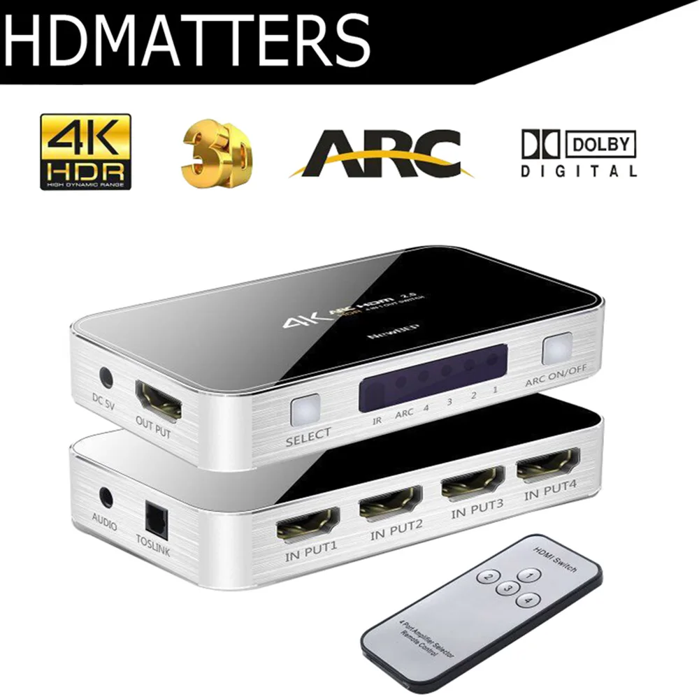 4K/60HZ HDMI Switcher with audio toslink&aux HDR HDMI ARC HDMI 4 in 1