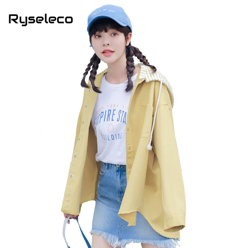 

Women Button Down Candy Color Loose Jacket with Drawstring Hood Fall Autumn Fashion Detachable Strip Cap Boyfriend Style Coats