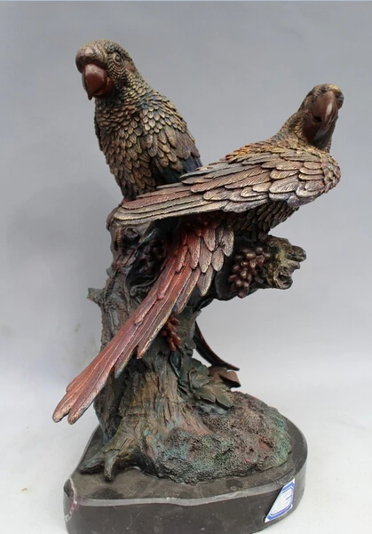 

free 14"Western ART Bronze Marble Double habitat parrot perch on the tree statue fast