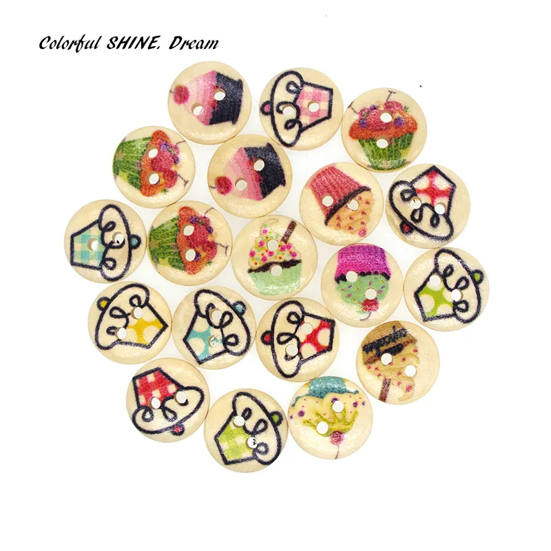 50PCs Wholesale Natural Wooden Buttons Round Cute Cake Design Scrapbooking Sewing Accessories DIY Craft 2 Holes 15mm Dia. | Дом и сад