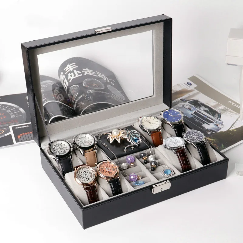 

2019 New Arrival 8 Grid Mixed Grids PU Leather Watch Boxes Storage Organizer Box Luxury Jewelry Ring Display Watch Case Black