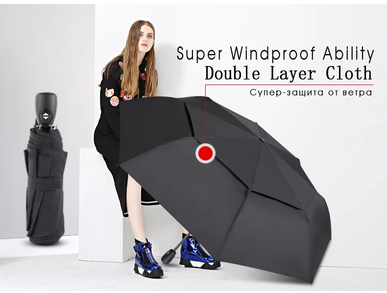 Полностью автоматический зонт для мужчин бизнес дождь женский зонтик большой сопротивление ветра двойной дорожный компактный 3 складной зонтик