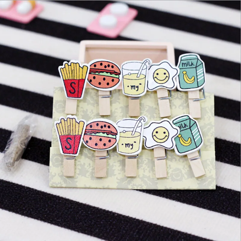 

10 pcs/pack French fries burger Wooden Clip Photo Craft DIY Clips with Hemp Rope Clothespin Craft Decoration Clips Pegs