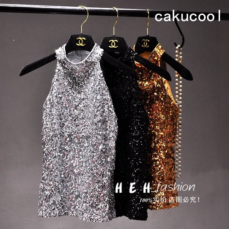 

Cakucool Women All Sequined Summer Tops Halter Camis Shiny Bling Party Beading Sexy Tank Tops Basic Wear Camisole Female 6colors