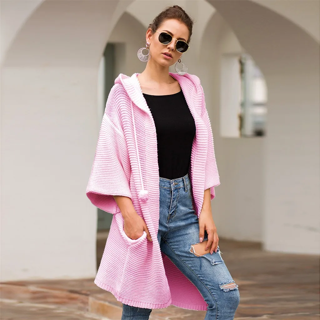 

2019 Autumn Winter Fashion Women Loose Knitted Solid Hooded Long Sleeve Cardigan Hairball Sweater Coat Cardigans Female