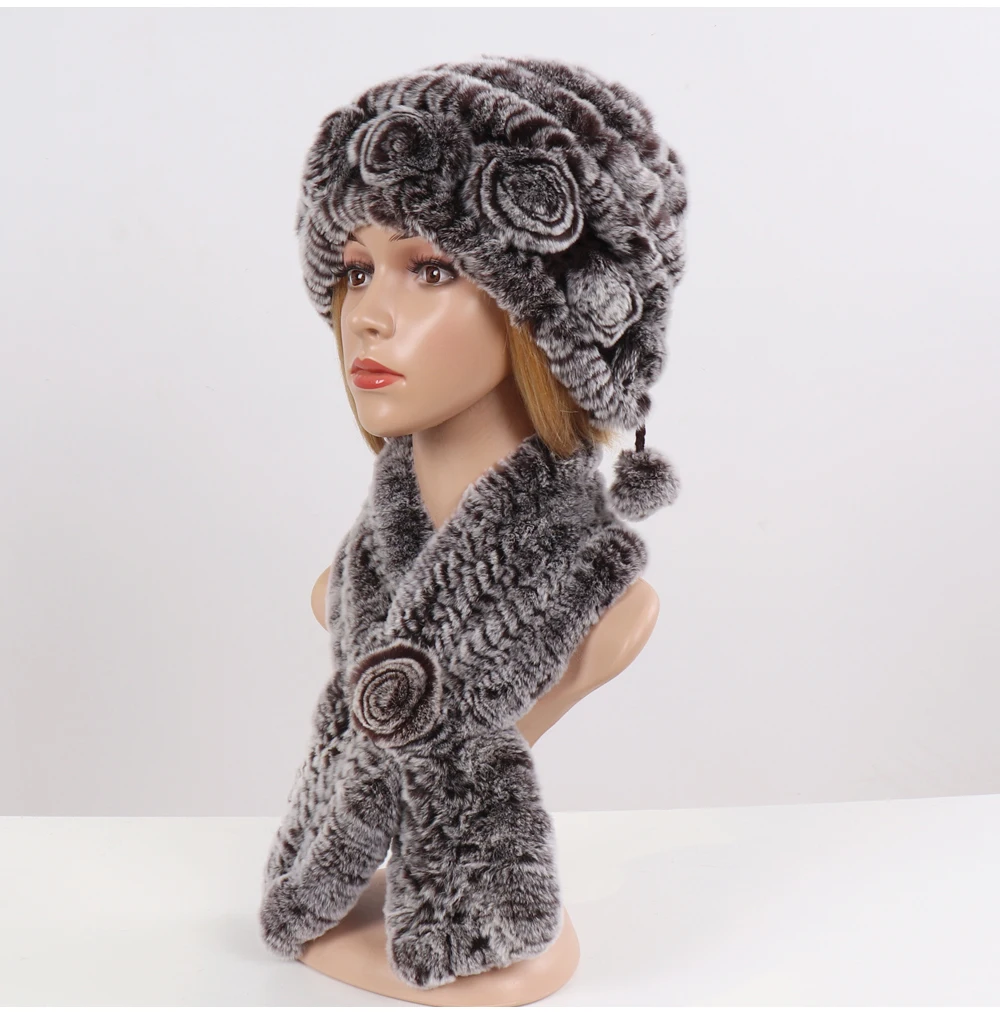 Вязанные зимние шапки из меха кролика рекс шарфы для женщин Мода натуральный мех шапки наборы шарфов Леди Теплый натуральный мех шапка глушитель