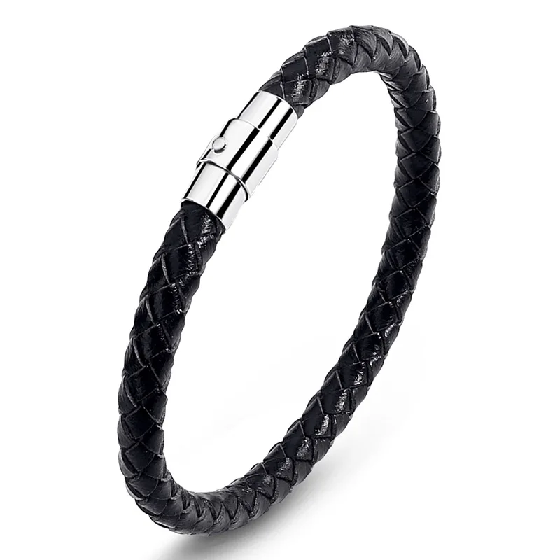 

New Classic Style Men Leather Bracelet Simple Stainless Steel Button Bangle Neutral Accessories Hand-woven Jewelry Gifts