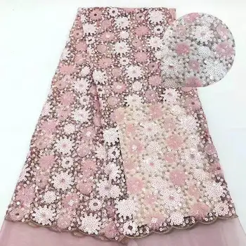 

2019 Latest African Pink color Lace Fabric High Quality Embroidered Tulle Fabric sequins African French Net Lace Fabric CRE001