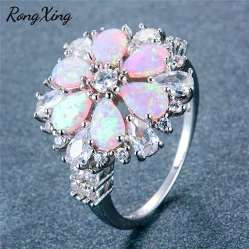 

RongXing Silver Color Light Pink Fire Opal Rings For Women Vintage Fashion Flower Jewelry Birthstone Rings RS0218