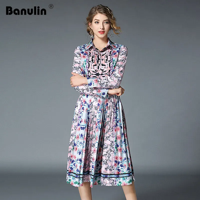 

Banulin Autumn Winter Long-sleeved Print Retro Dress Women Designer Runway Dresses 2018 High Quality Party Dress Lange Jurken