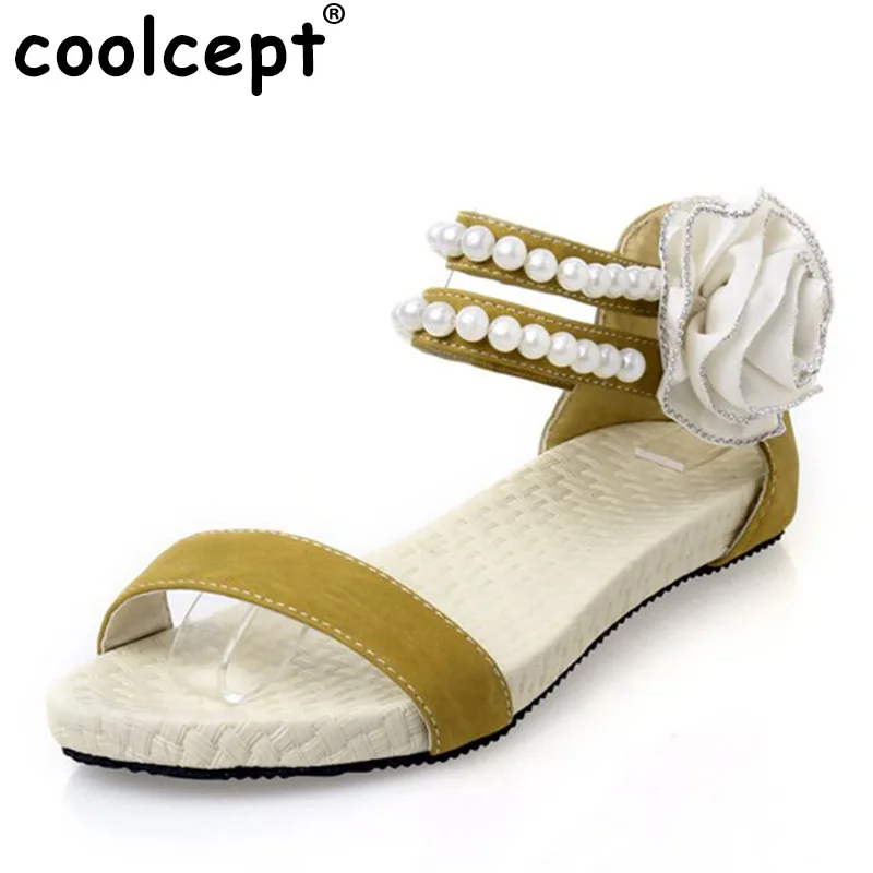 

Coolcept Size 34-43 Women Sweety Candy Color Beading Flats Sandals Open Toe Flower Shoes Women Summer Dating Party Sandals