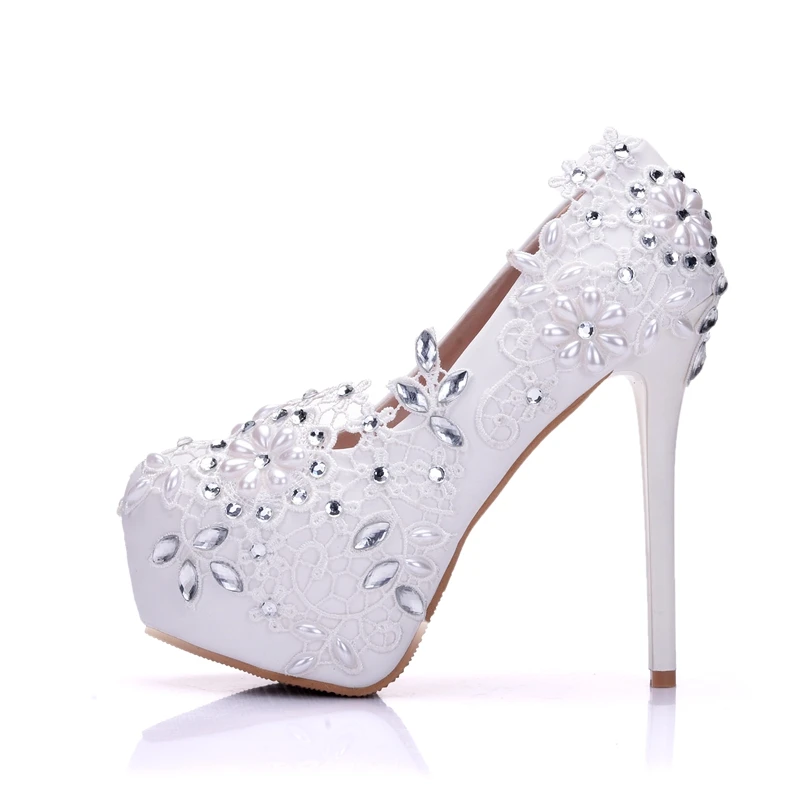 Модная женская белая свадебная обувь со стразами; Свадебная обувь для подружки невесты; обувь со стразами и кружевом; женские туфли-лодочки на высоком каблуке - Цвет: WHITE