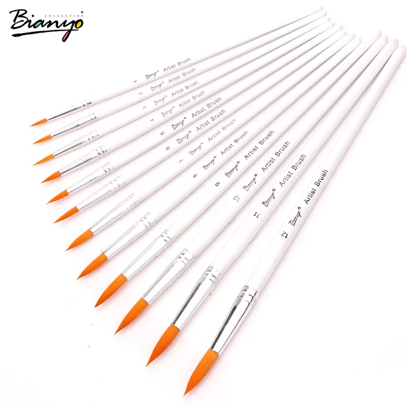 Bianyo 12pcs(1-12#) Round Sharp Yellow Synthetic Hair Artist Brushes White Wooden Handle Paint Brushes For Painting Drawing Gift