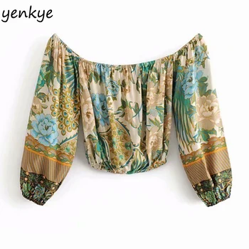 

2019 Women Vintage Floral Print Sexy Off Shoulder Top Lady Long Sleeve Slash Neck Holiday Summer Boho Tops DJF6891