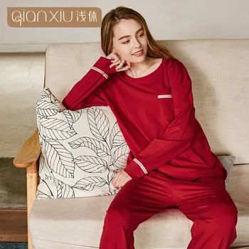 

New Autumn Women Pyjamas Long Sleeve Pajamas Set Tops Female Pyjamas Sets Night Suit Sleepwear solid color can wear outsider