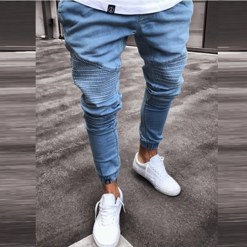 Men denim pants blue Jeans men Slim fit striped Hip hop Skinny pencil For high street stretch elastic jeans | Мужская одежда