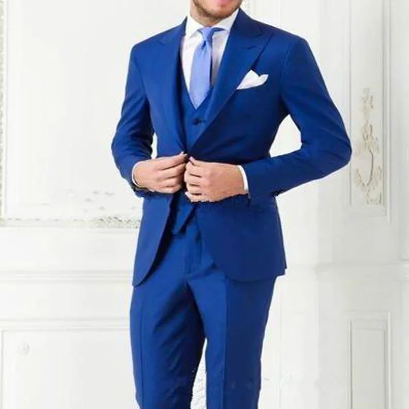 2017 Custom Made Royal Blue Mens Suit Peaked Lapel Wedding Suits for