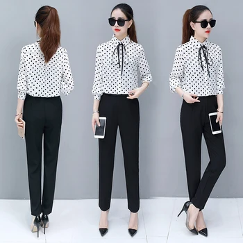 

fashion suits spring new women's clothing korean fashion lace-up long-sleeved shirt haroun pants two-piece outfit office lady