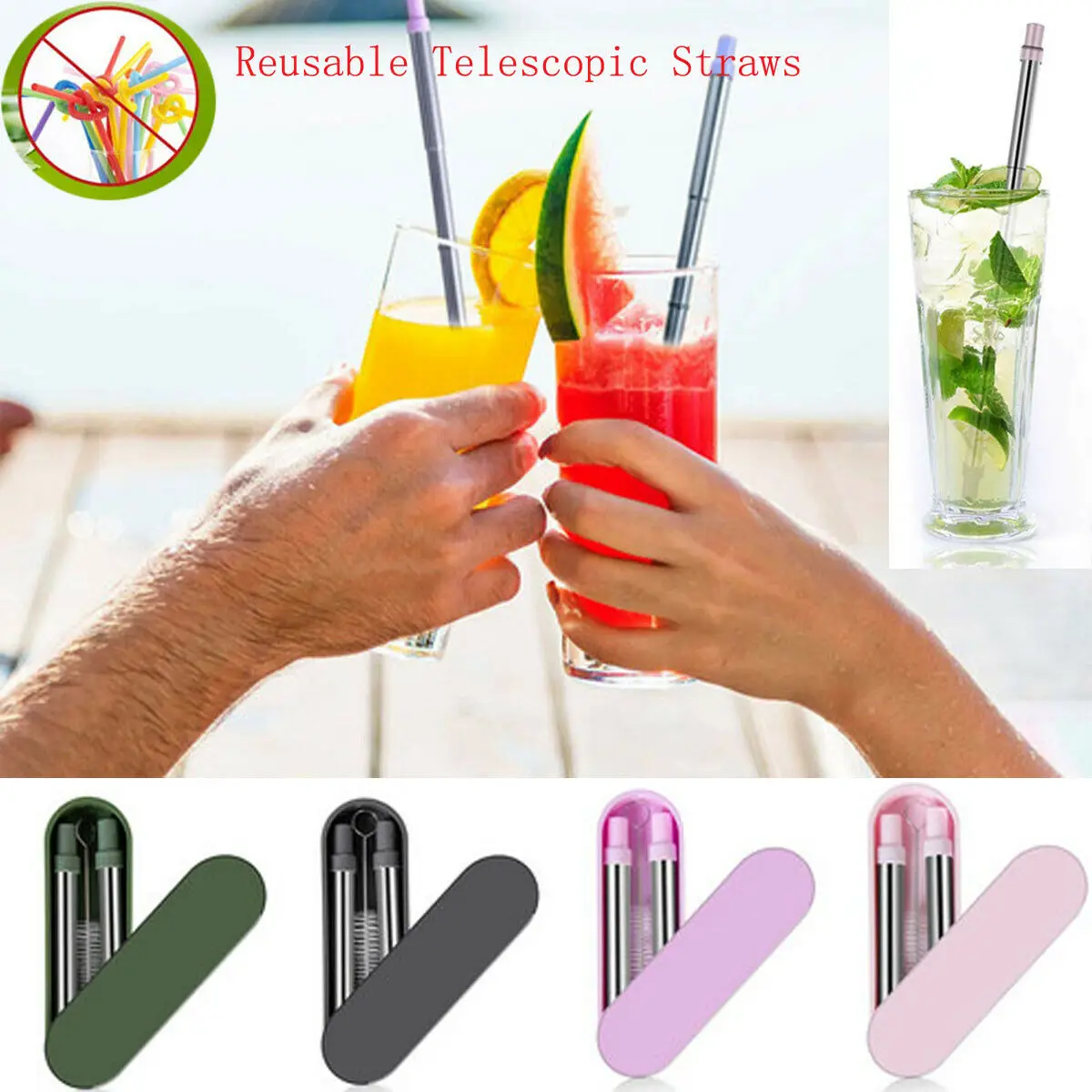 

Telescopic Straws Reusable Collapsible Metal Straw With Brush Storage Box