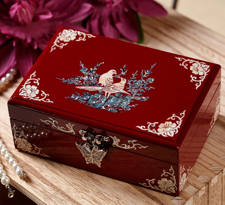 

Christmas Birthday wedding High-grade gift BEST present -TOP Hand carving bird Magpie wood Inlay shells Jewelry Lacquer Box