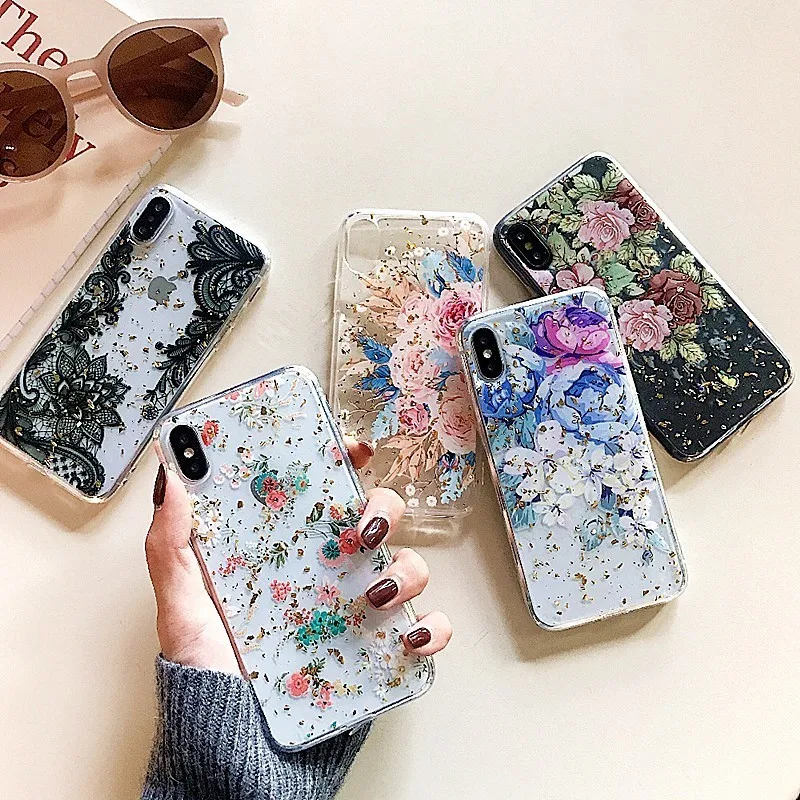Золото Фольга цветы чехлы для телефонов IPhone X Case XS Max XR 8 7 6 S Plus чехлов из
