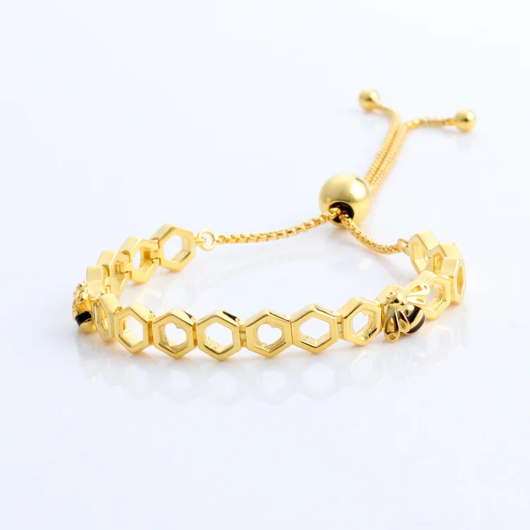 

925 Sterling Silver Pan Bracelet Gold Color Shine Honeybee Honeycomb Shape Adjust Bracelet Bangle Fit Bead Charm Diy Jewelry