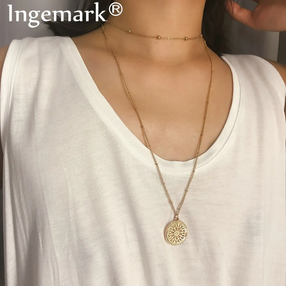 

Ingemark Vintage Metal Flower Pendant Choker Necklace Women Jewelry Buddhist Hollow Flower of Life Long Chain Necklace Unisex