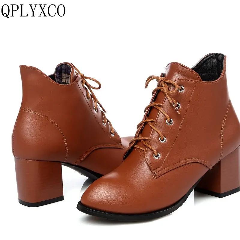 

QPLYXCO 2017 Super Big Size 30-48 Autumn Winter Boots Genuine Leather shoes Women's short Boots Pointe toes High Heel 116-5