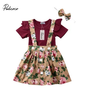 

2018 New Brand Baby Girls Princess Solid Fly Sleeve Bodysuits + Floral Strap Dress Fashion Clothes Dresses 3pcs 0-24M