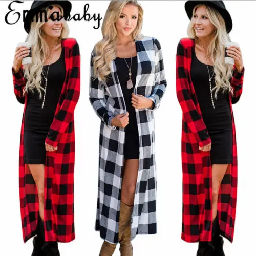 HIRIGIN Newest Women Long Sleeve Waterfall Cardigan Trench Long Coat Duster Fashion Lady Winter Warm Slim Plaid Suit