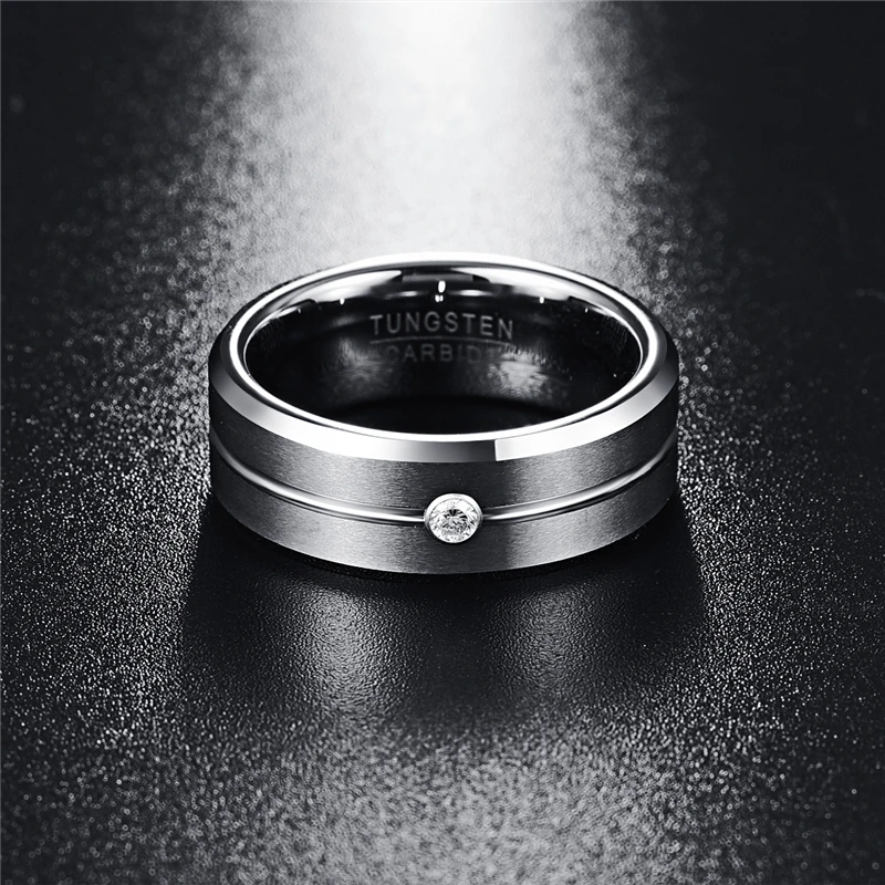 8mm Zircon Men Ring 100% Tungsten Carbide Faceted Wedding Bands Men's Jewelry Promise Band Anillos para hombres Pierscienie