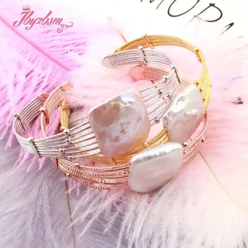 20mm Square Pearl Silver Gold Rose Bangle Fashion Jewerly Bracelet  Adjustbale 7
