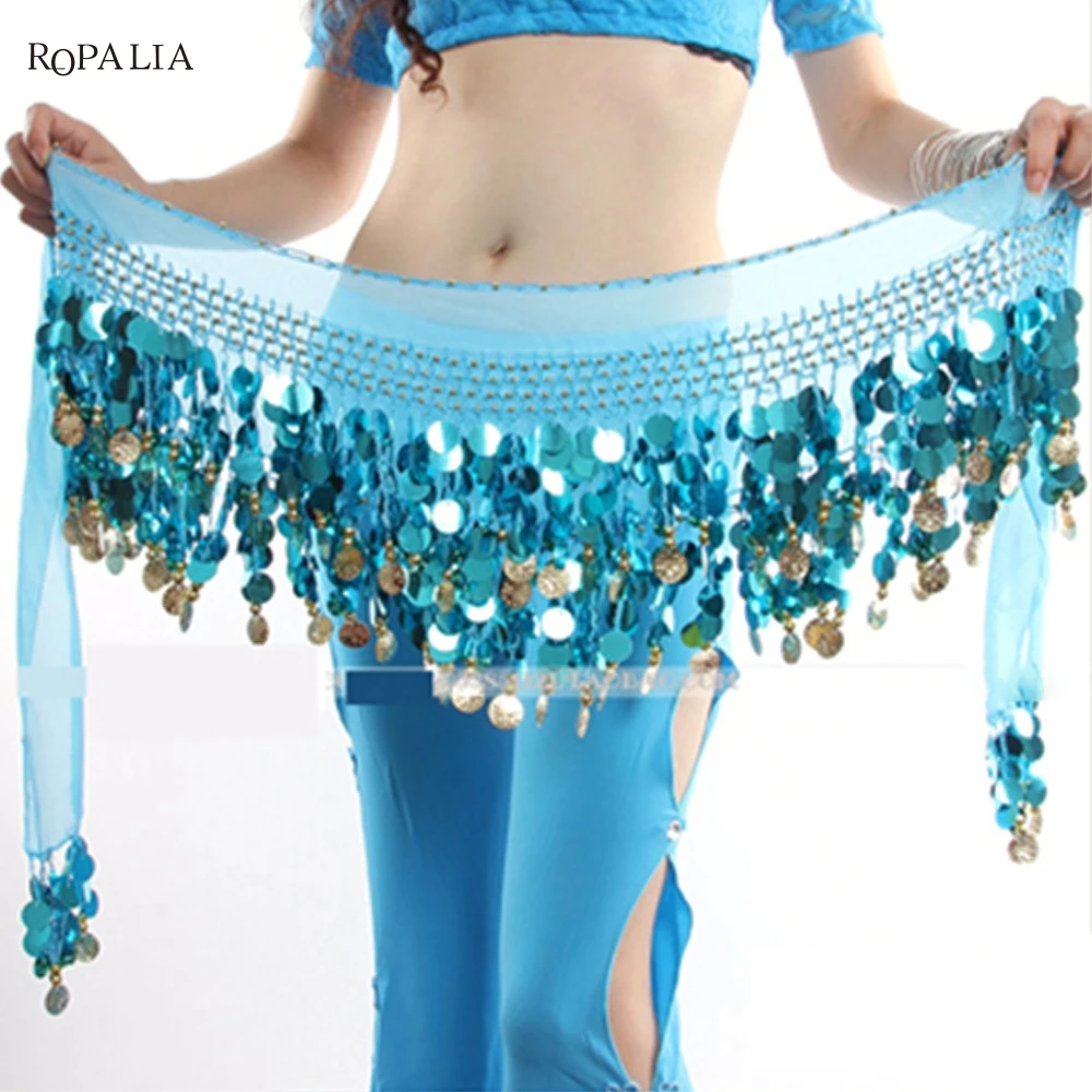 

Sexy Chiffon Belly Dance Hip Scarf 58 Coins Multi Color Belly Dance Hip Wrap Scarf Coin Sequin Waistband Skirt