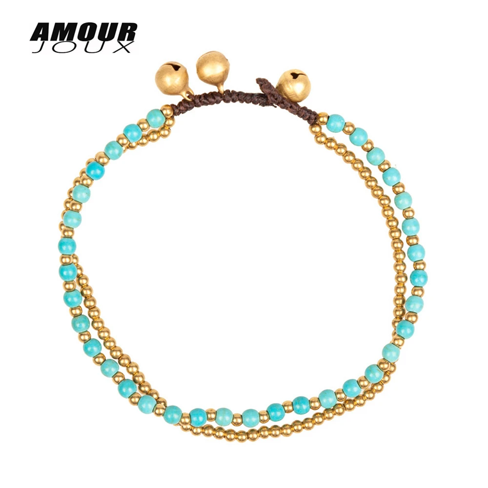 

AMOURJOUX Summer Vintage Layers Green Round Beaded Stone Leg Anklets For Women Handmade Ankle Bracelet Foot Jewelry