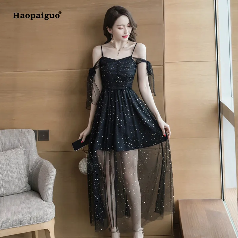 Plus Size A-line Dress 2019 Women Summer Black Sleeveless Spaghetti Strap Strapless Dot Mesh Casual Party Club Midi | Женская одежда