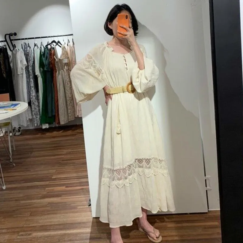 

SHENGPALAE New Summer Japan Korea Style Women Hollow Out Full Lantern Sleeve Ankle-length Square Collar Solid A-line Dress FQ921