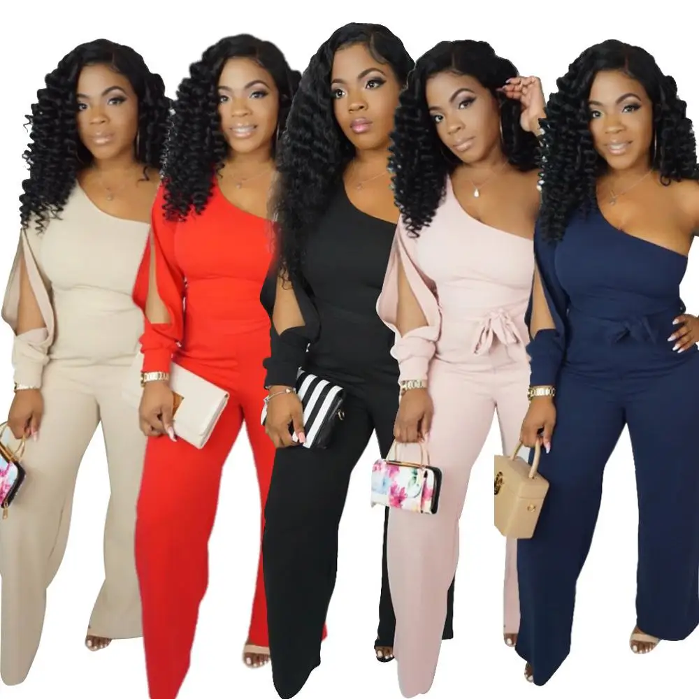 

2019 Summer Sexy One Shoulder Women Jumpsuit Boot Cut Loose Jumpsuit Party Club Style Sashes Solid Pattern Rompers Overalls